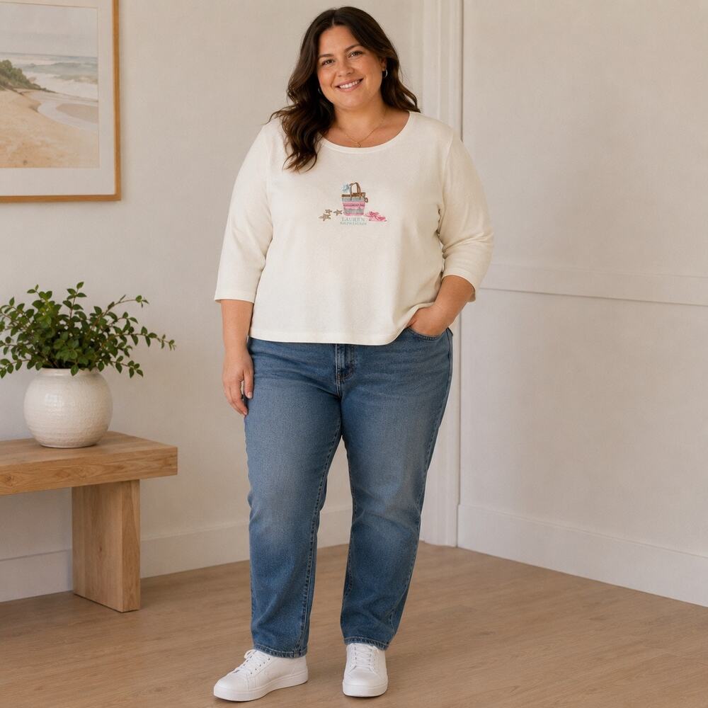 Lauren Ralph Lauren‎ 2X Cream Beach Embroidered Sweater Coastal Nautical Preppy